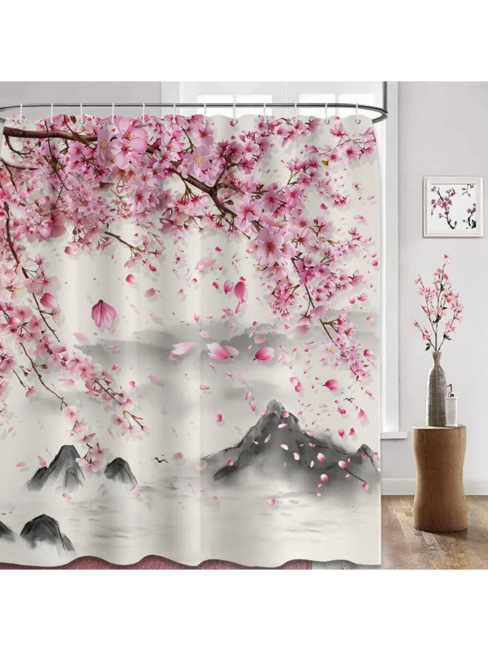 Pink Cherry Blossom Shower Curtain, 70x72 Inch, Waterproof Floral Design